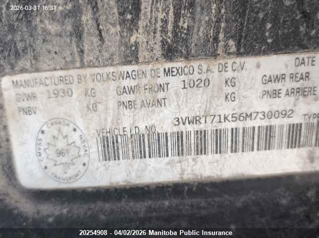 2006 Volkswagen Jetta Tdi VIN: 3VWRT71K56M730092 Lot: 20254908