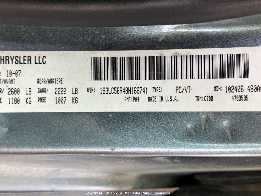 2008 Dodge Avenger Sxt V6 VIN: 1B3LC56R48N166741 Lot: 20254934