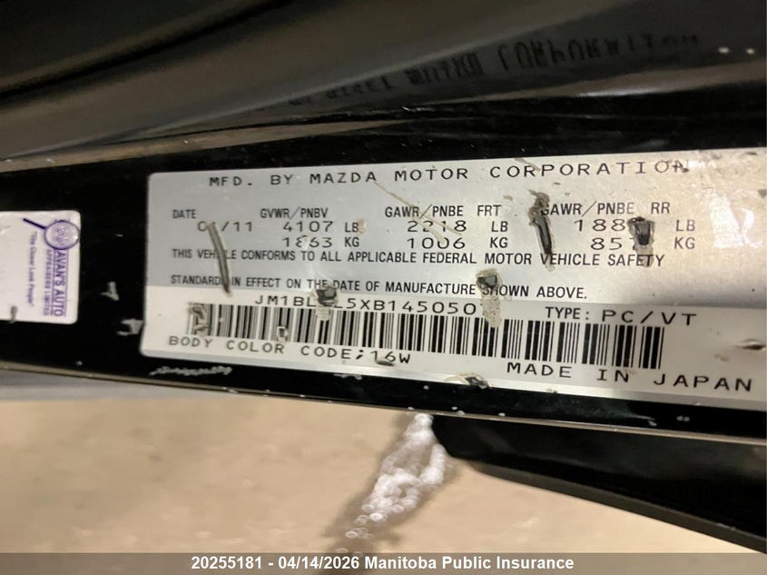 2011 Mazda 3 Mazda Sport Gs VIN: JM1BL1L5XB1450507 Lot: 20255181