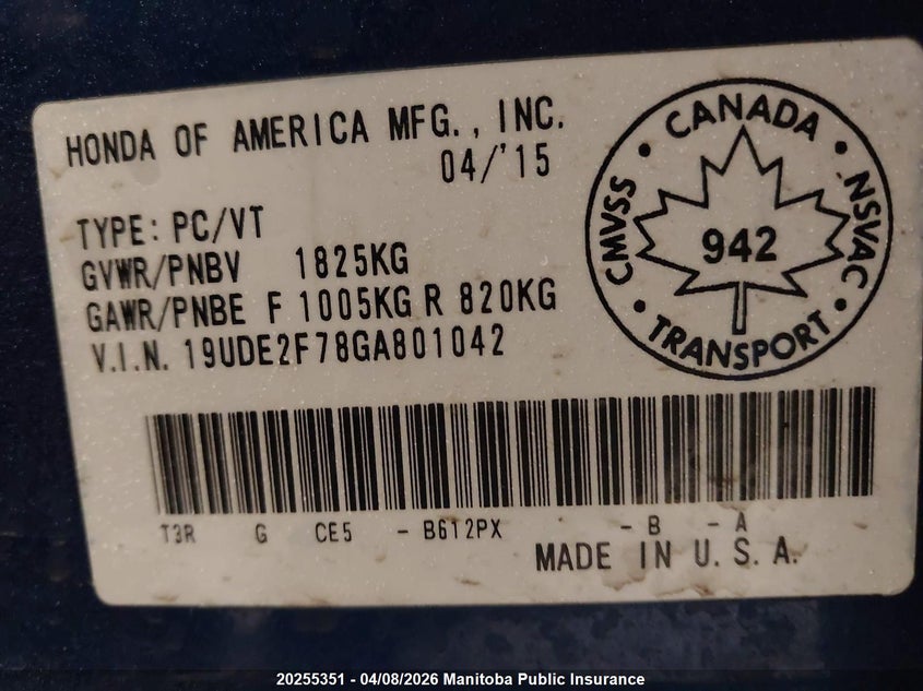 2016 Acura Ilx VIN: 19UDE2F78GA801042 Lot: 20255351