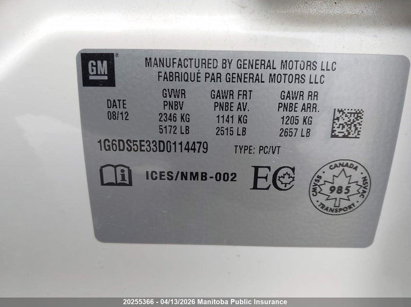 2013 Cadillac Cts 3.6L VIN: 1G6DS5E33D0114479 Lot: 20255366