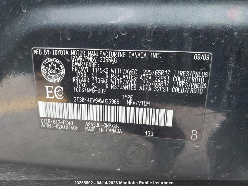 2010 Toyota Rav4 VIN: 2T3BF4DV9AW025965 Lot: 20255892