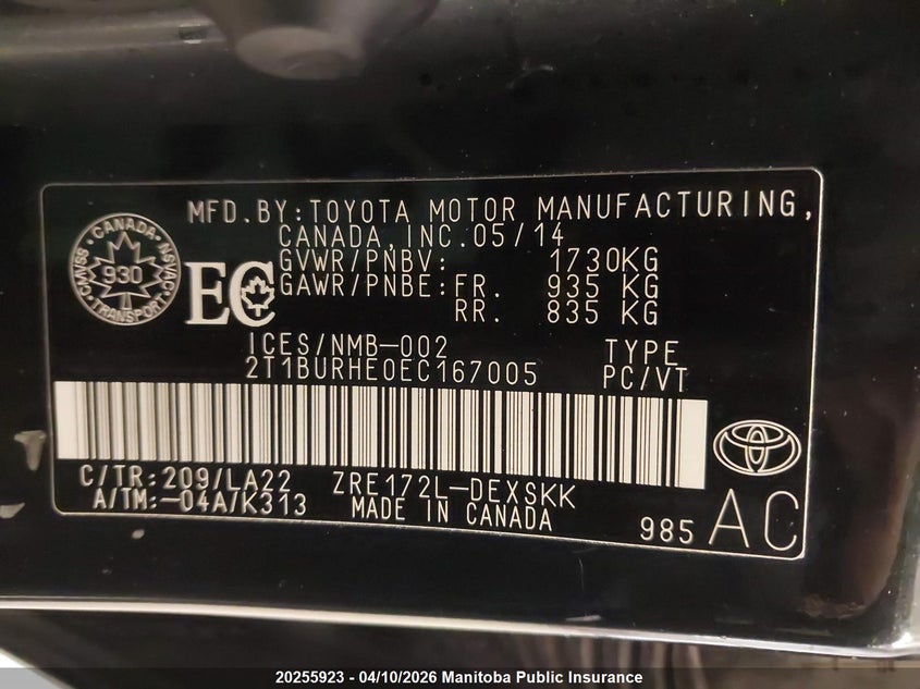 2014 Toyota Corolla S VIN: 2T1BURHE0EC167005 Lot: 20255923