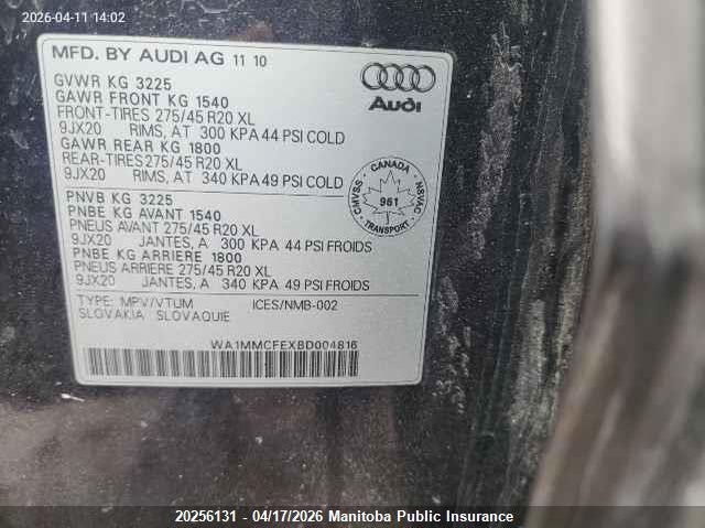 2011 Audi Q7 V6 Tdi VIN: WA1MMCFEXBD004816 Lot: 20256131