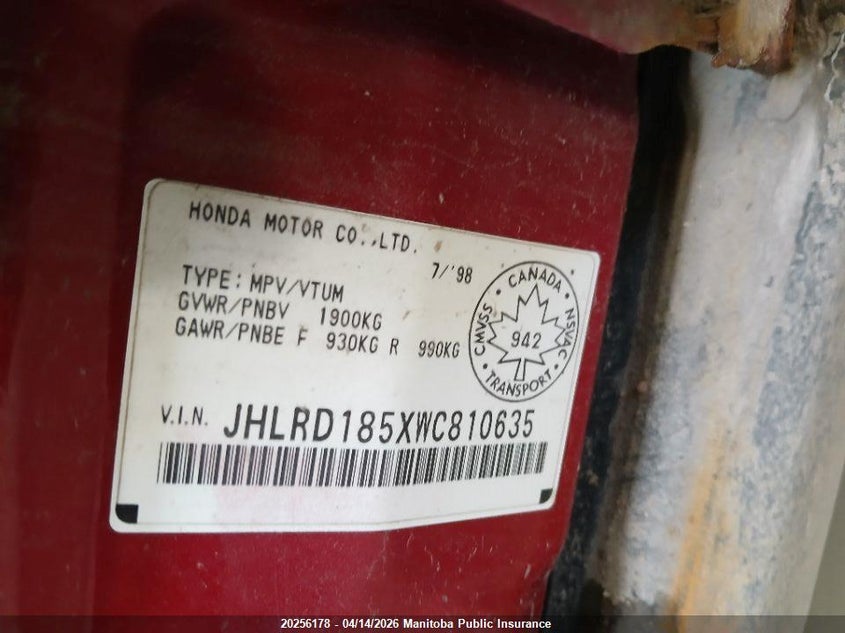 1998 Honda Cr-V VIN: JHLRD185XWC810635 Lot: 20256178