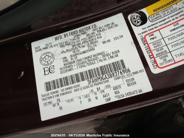 2011 Ford Fusion S VIN: 3FAHP0GA3BR276906 Lot: 20256610