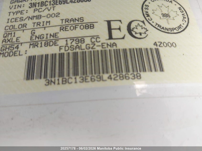 2009 Nissan Versa 1.8 Sl VIN: 3N1BC13E69L428638 Lot: 20257178