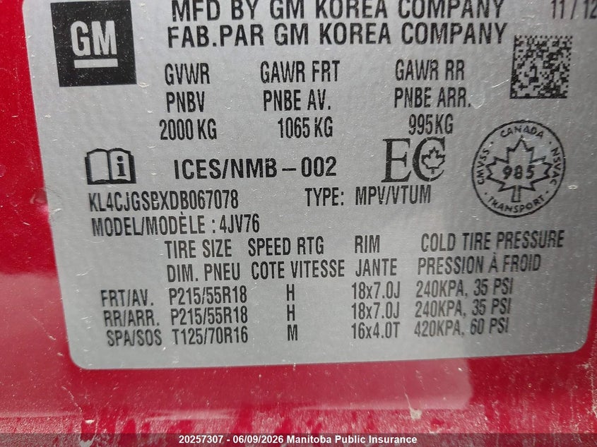 2013 Buick Encore VIN: KL4CJGSBXDB067078 Lot: 20257307