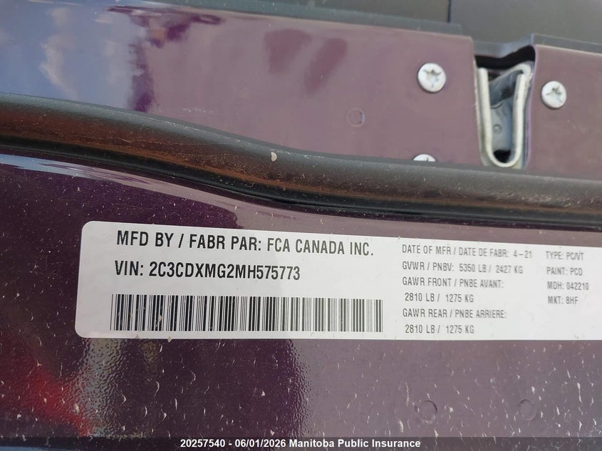 2021 Dodge Charger Gt VIN: 2C3CDXMG2MH575773 Lot: 20257540