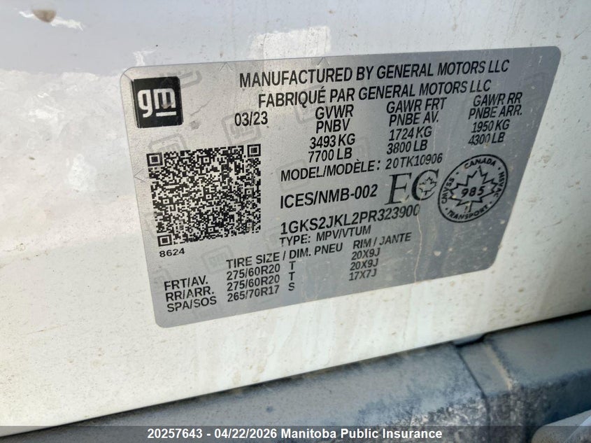 Vin: 1gks2jkl2pr323900, lot: 10268627, gmc yukon xl denali 20233