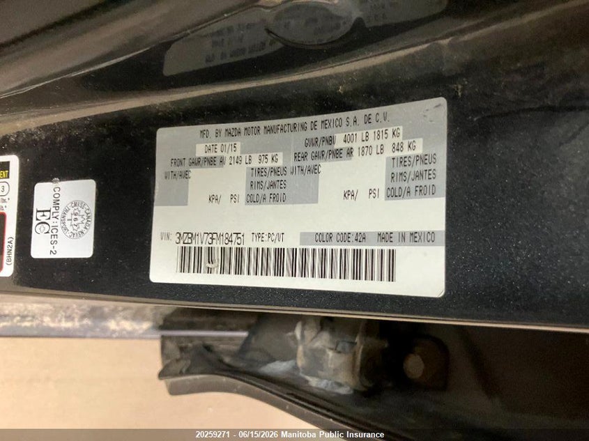2015 MAZDA 3 GS SKY SEDAN 2.0L I4 FI DOHC 16V NF4