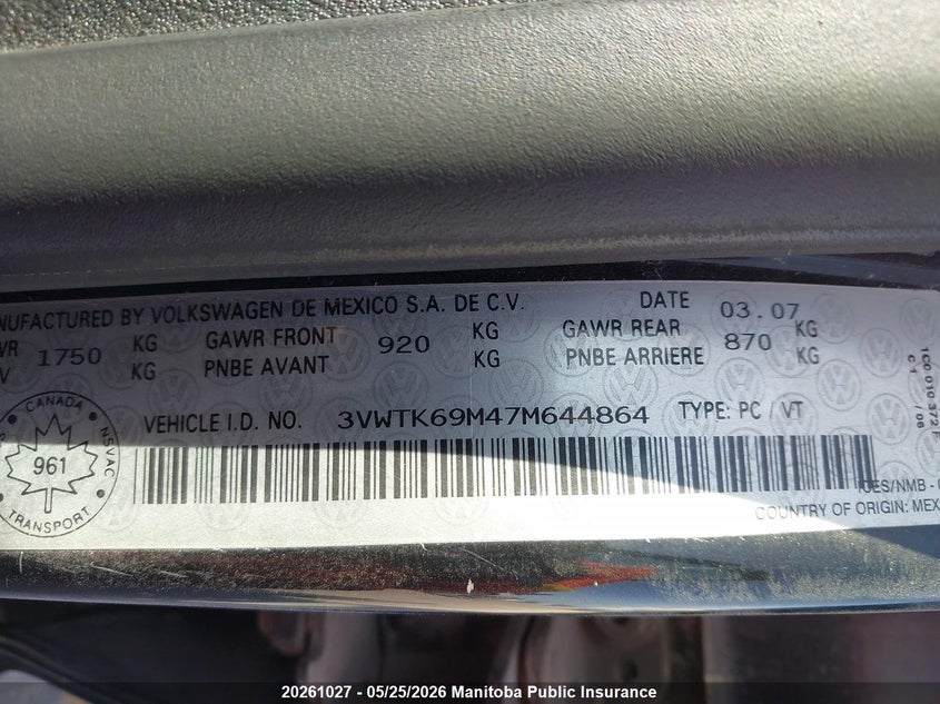 2007 Volkswagen Jetta City VIN: 3VWTK69M47M644864 Lot: 20261027