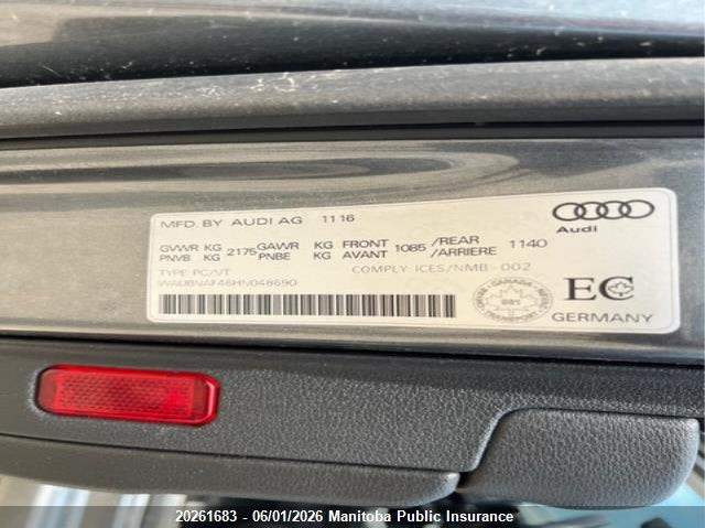 2017 Audi A4 2.0T Quattro VIN: WAUBNAF46HN048690 Lot: 20261683