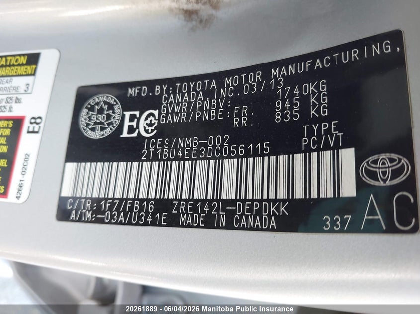 2013 Toyota Corolla Ce VIN: 2T1BU4EE3DC056115 Lot: 20261889