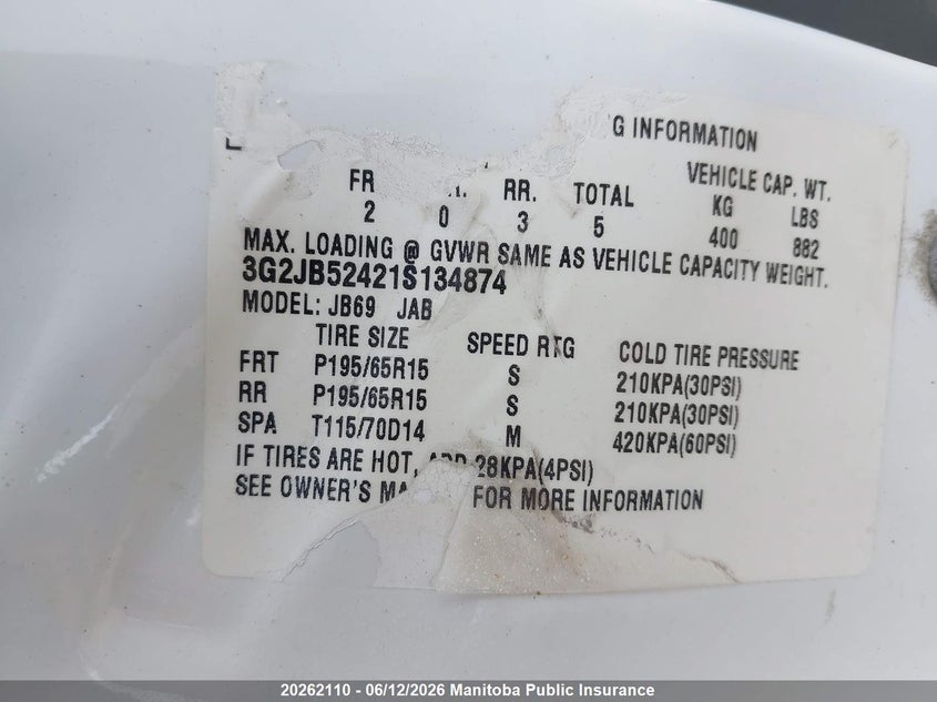 2001 Pontiac Sunfire Sl VIN: 3G2JB52421S134874 Lot: 20262110