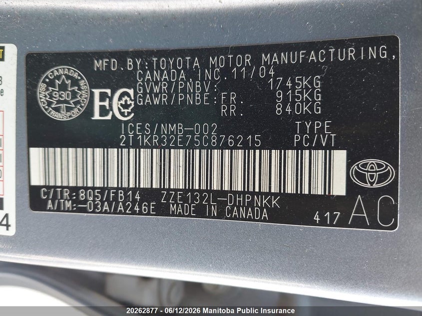 2005 Toyota Matrix VIN: 2T1KR32E75C876215 Lot: 20262877