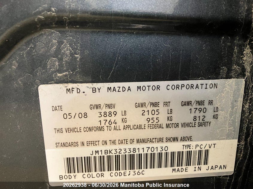 2008 MAZDA 3 SEDAN 2.3L I4 FI DOHC 16V F4