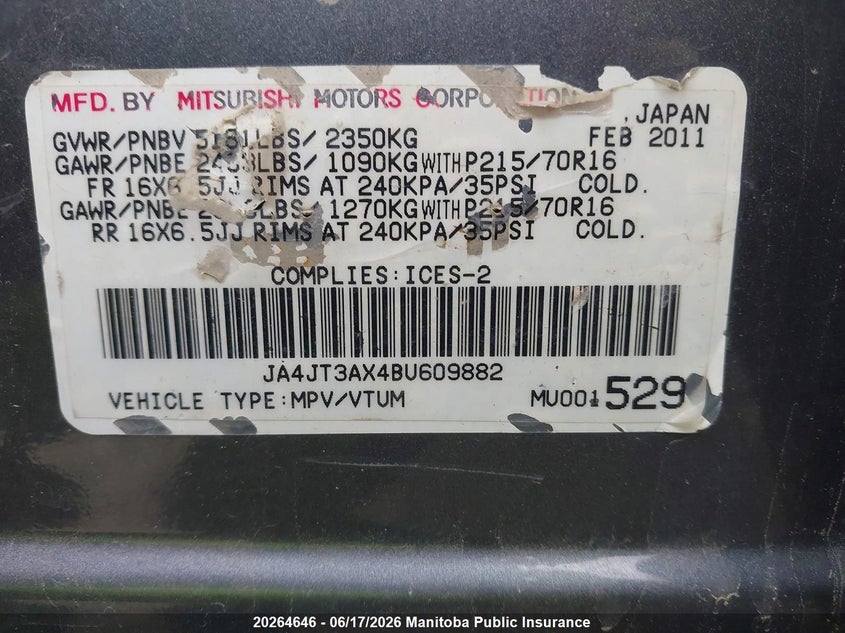 2011 Mitsubishi Outlander Ls VIN: JA4JT3AX4BU609882 Lot: 20264646