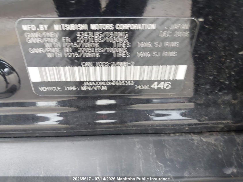 2017 Mitsubishi Rvr Se VIN: JA4AJ3AU3HZ605362 Lot: 20265617