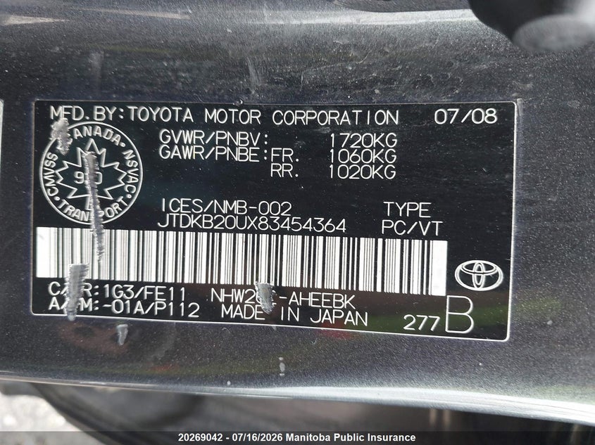 2008 Toyota Prius VIN: JTDKB20UX83454364 Lot: 20269042