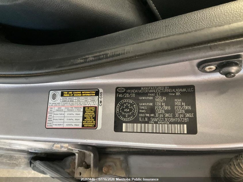 2008 Hyundai Santa Fe Gl VIN: 5NMSG13E08H197281 Lot: 20269446