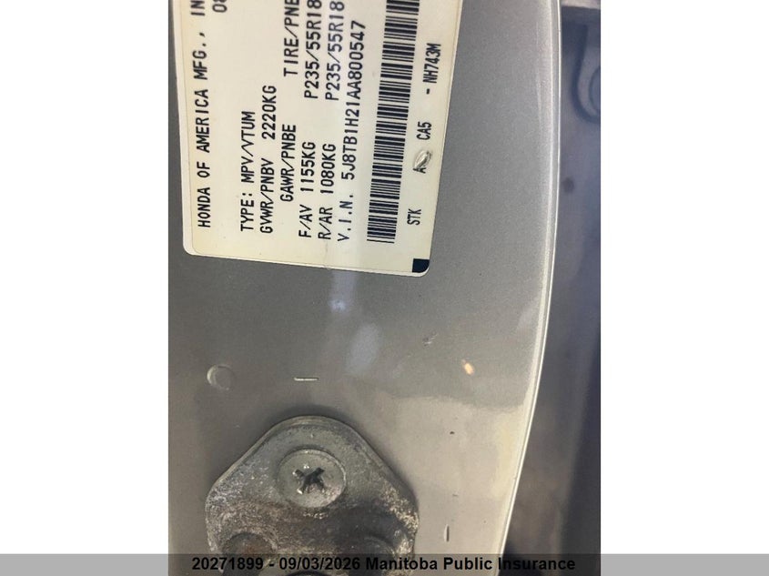 Vin: 5j8tb1h21aa800547, lot: 10282883, acura rdx 20104