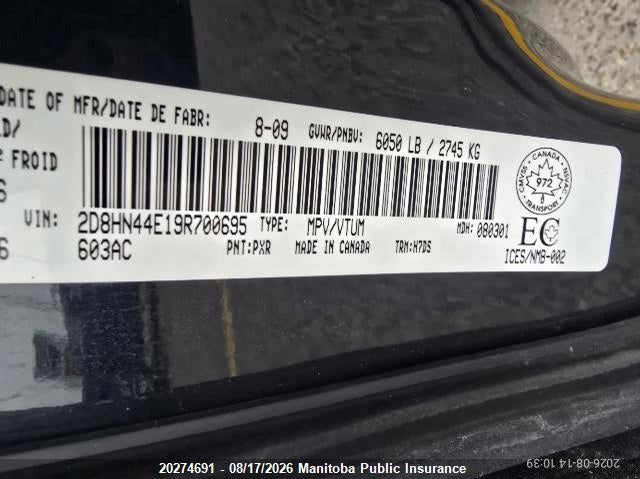 2009 DODGE CARAVAN VAN 3.3L V6 FI OHV 12V NF2