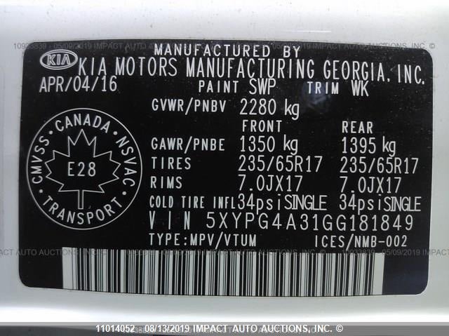 2016 Kia Sorento Lx/L VIN: 5XYPG4A31GG181849 Lot: 11014052