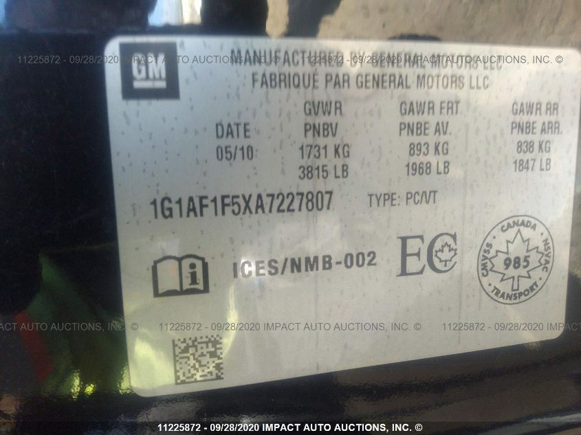 2010 Chevrolet Cobalt 2Lt VIN: 1G1AF1F5XA7227807 Lot: 11225872