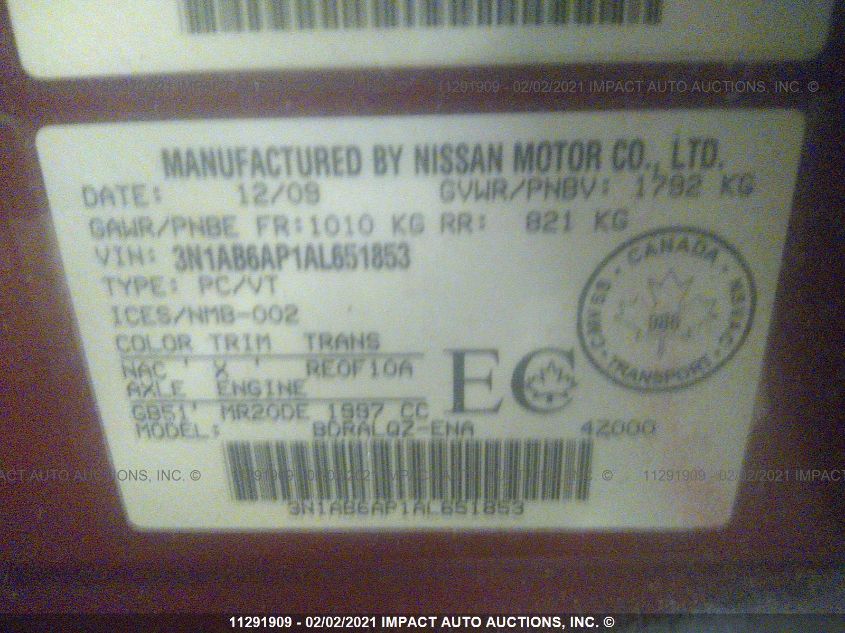 2010 Nissan Sentra 2.0/2.0S/Sr/2.0Sl VIN: 3N1AB6AP1AL651853 Lot: 11291909