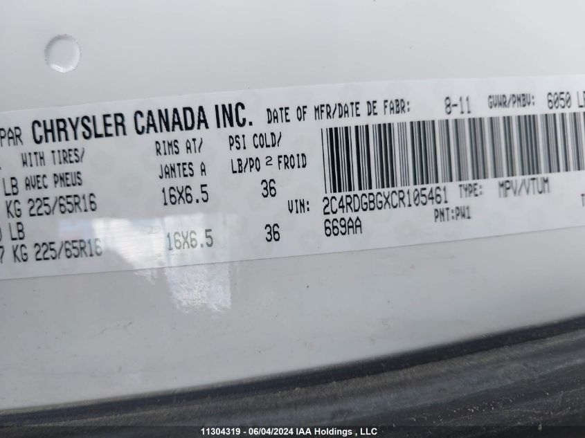 2012 Dodge Grand Caravan Se VIN: 2C4RDGBGXCR105461 Lot: 11304319