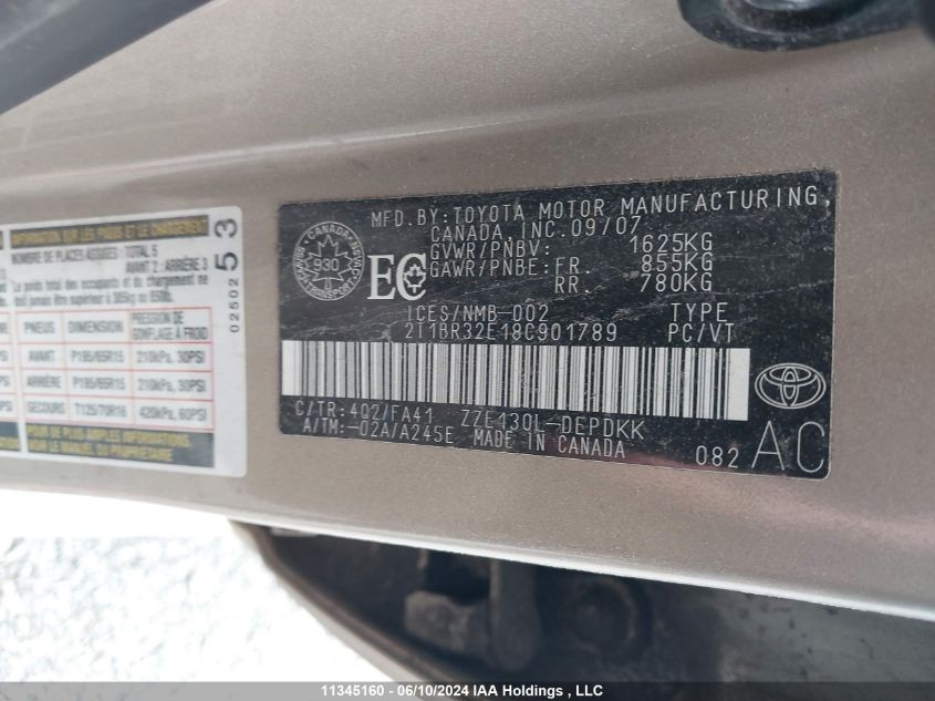 2008 Toyota Corolla Ce/Le/S VIN: 2T1BR32E18C901789 Lot: 11345160