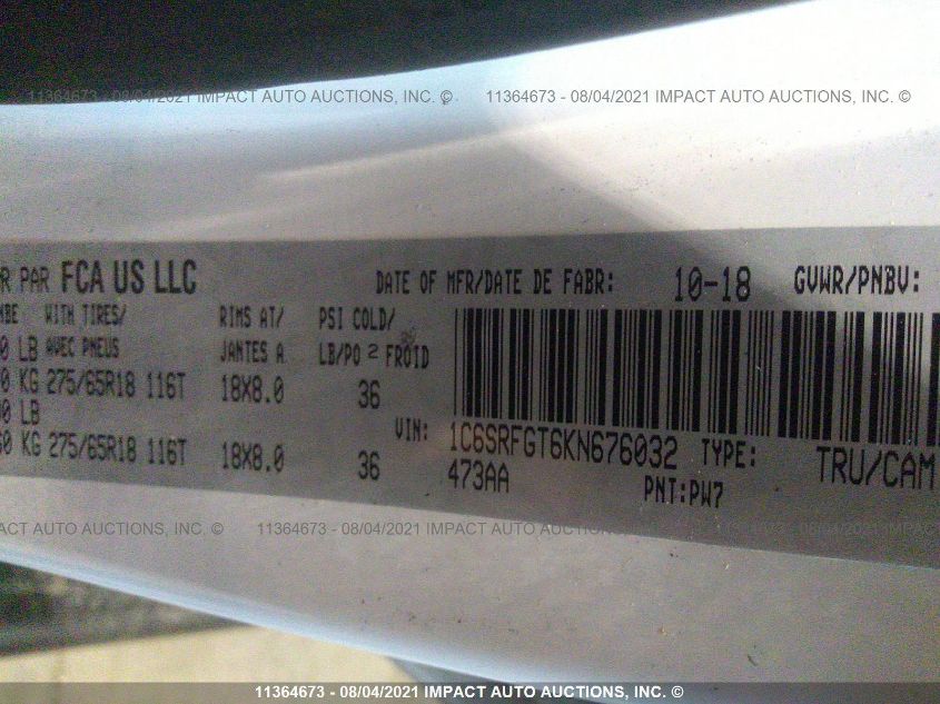 2019 Ram 1500 Tradesman VIN: 1C6SRFGT6KN676032 Lot: 11364673