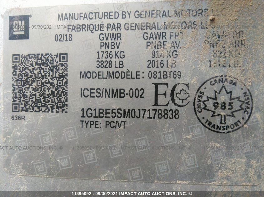 2018 Chevrolet Cruze Lt VIN: 1G1BE5SM0J7178838 Lot: 11395092