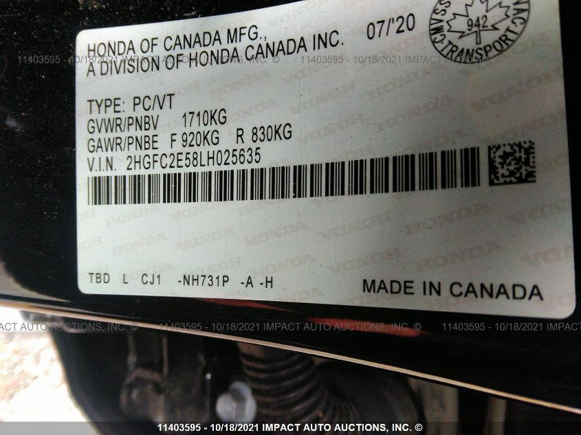 2020 Honda Civic Lx VIN: 2HGFC2E58LH025635 Lot: 11403595
