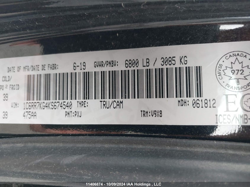 2019 Ram 1500 Classic Tradesman VIN: 1C6RR7KG4KS674540 Lot: 11406874