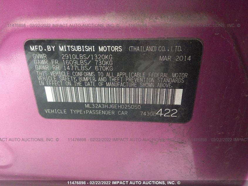 2014 Mitsubishi Mirage De VIN: ML32A3HJ6EH025050 Lot: 11476898