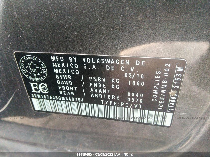 2016 Volkswagen Jetta S VIN: 3VW167AJ8GM349754 Lot: 11489465