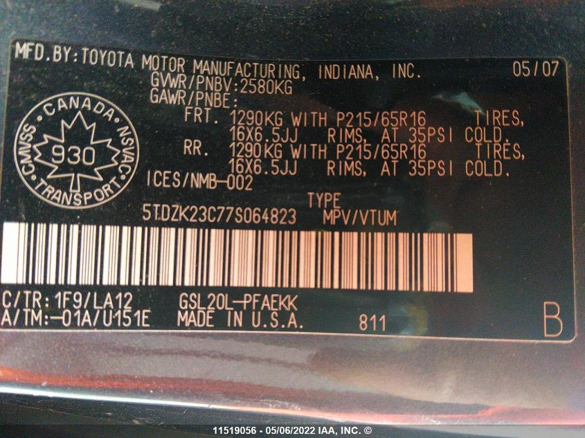 2007 Toyota Sienna Ce/Le VIN: 5TDZK23C77S064823 Lot: 11519056