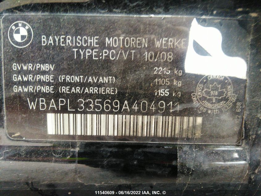 2009 BMW 335 Xi VIN: WBAPL33569A404911 Lot: 11540609