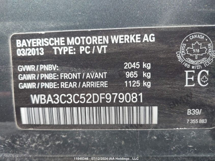 2013 BMW 320 I/xDrive VIN: WBA3C3C52DF979081 Lot: 11545346