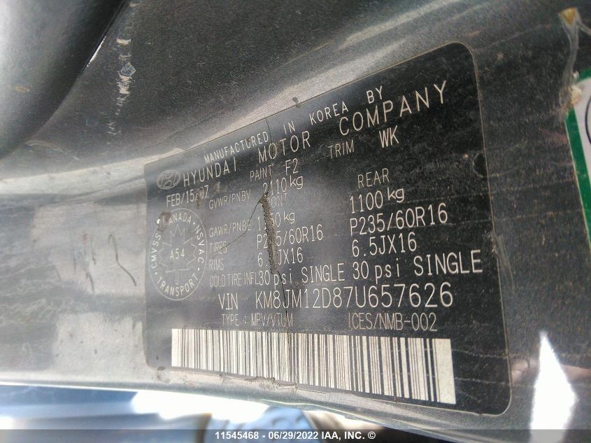 2007 Hyundai Tucson Gl VIN: KM8JM12D87U657626 Lot: 11545468