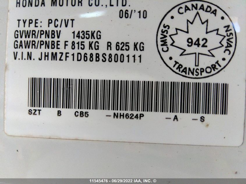 2011 Honda Cr-Z Ex VIN: JHMZF1D68BS800111 Lot: 11545476