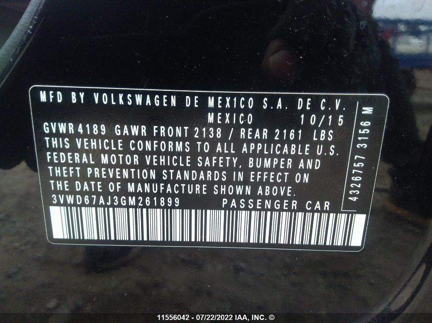 2016 Volkswagen Jetta Se VIN: 3VWD67AJ3GM261899 Lot: 11556042