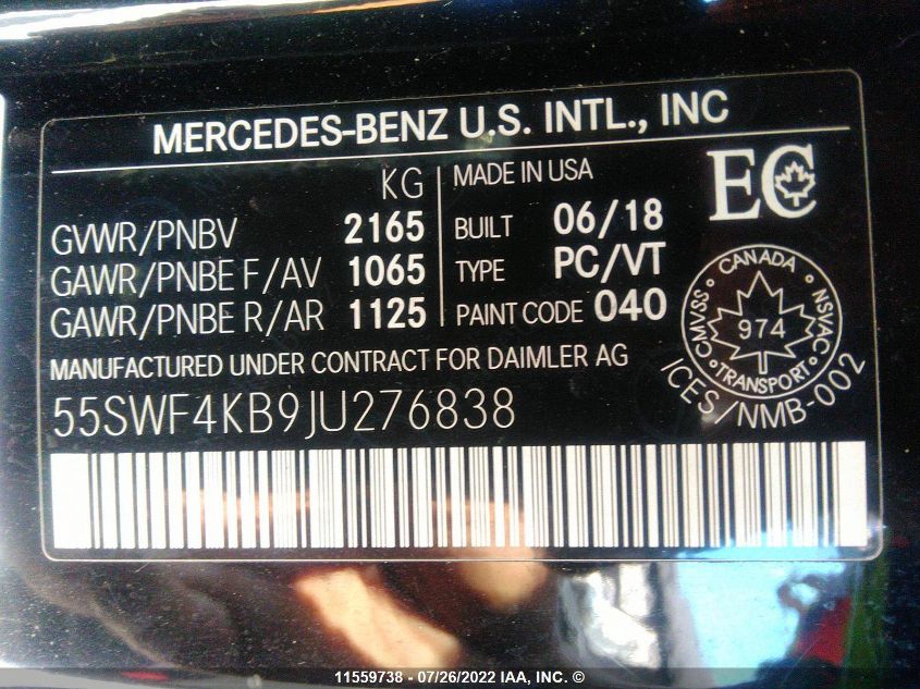 2018 Mercedes-Benz C 300 4Mati VIN: 55SWF4KB9JU276838 Lot: 11559738