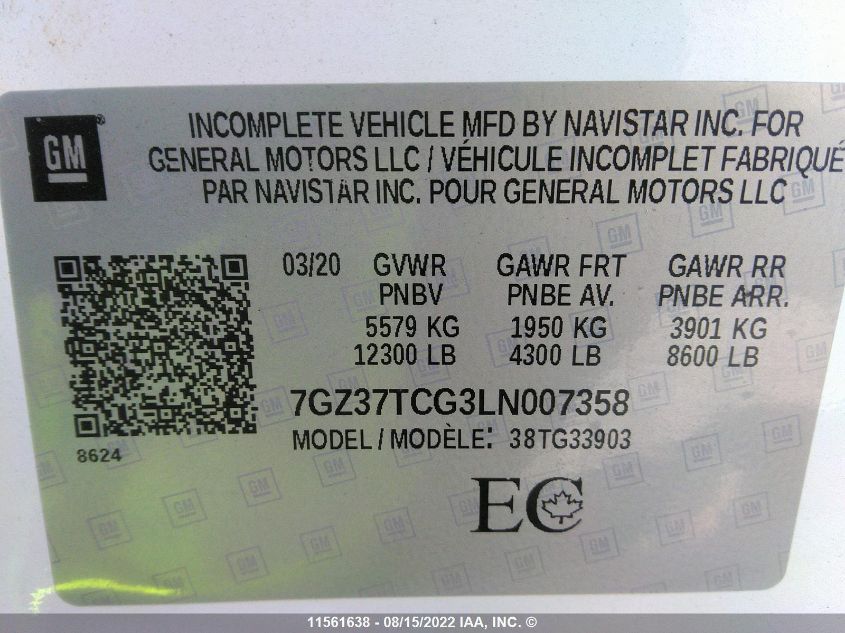 2020 GMC Savana G35 VIN: 7GZ37TCG3LN007358 Lot: 11561638