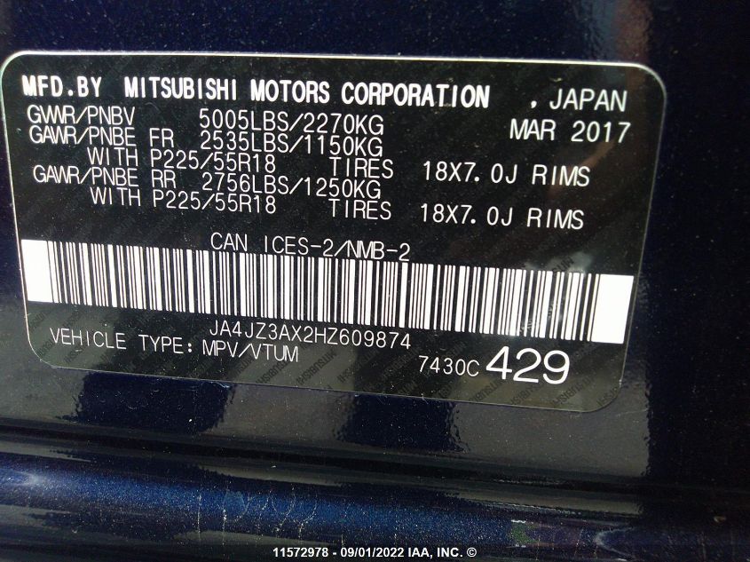 2017 Mitsubishi Outlander Se/Sel VIN: JA4JZ3AX2HZ609874 Lot: 11572978