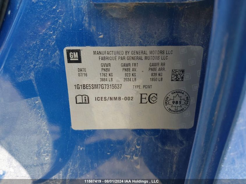 2016 Chevrolet Cruze Lt VIN: 1G1BE5SM7G7315637 Lot: 11587419