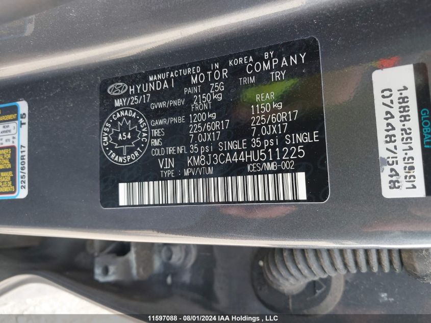 2017 Hyundai Tucson Limited/Sport And Eco/Se VIN: KM8J3CA44HU511225 Lot: 11597088