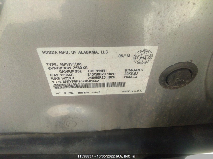 2019 Honda Pilot Touring VIN: 5FNYF6H96KB501552 Lot: 11598837